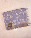 Lavender Floral Jaal Aari Work Semi Linen Tissue Saree