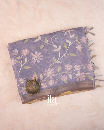 Lavender Floral Jaal Aari Work Semi Linen Tissue Saree