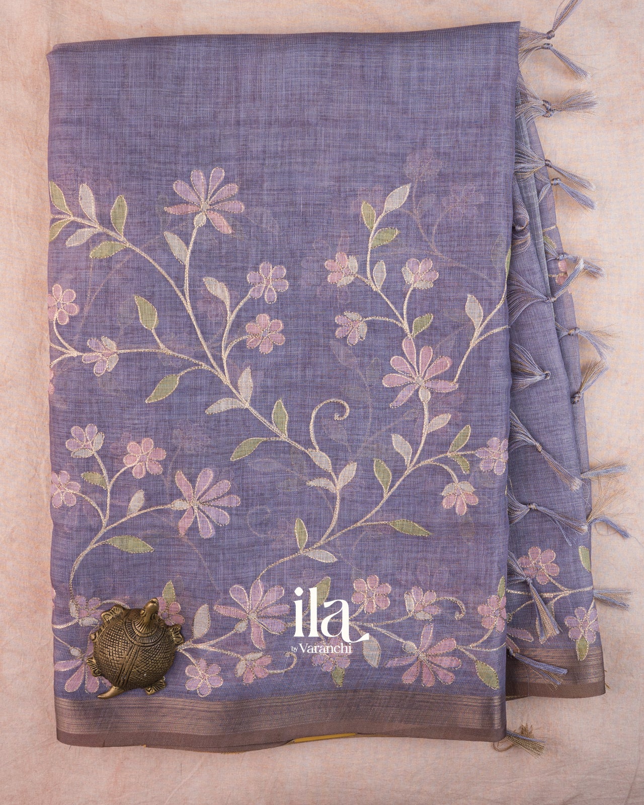 Lavender Floral Jaal Aari Work Semi Linen Tissue Saree