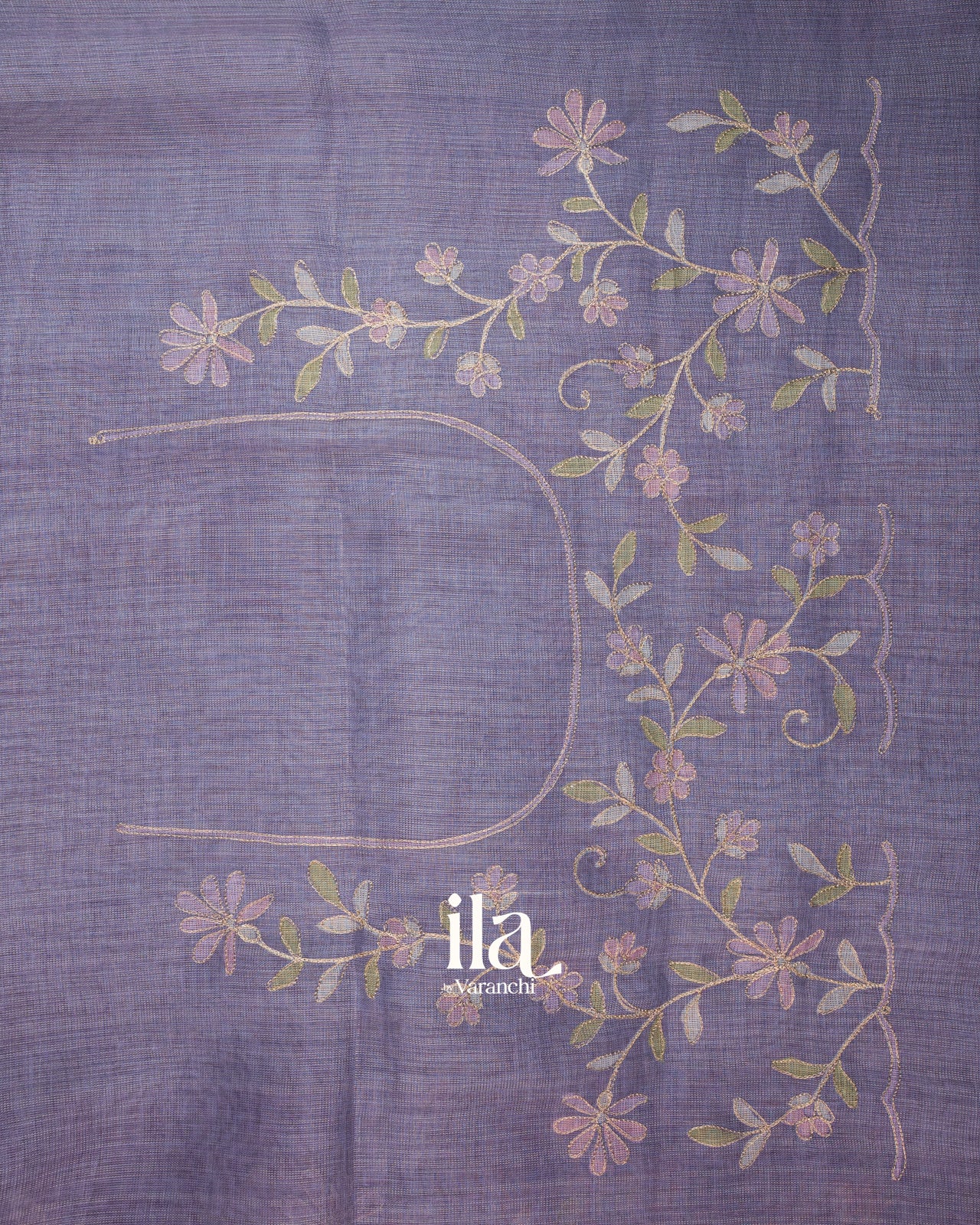 Lavender Floral Jaal Aari Work Semi Linen Tissue Saree