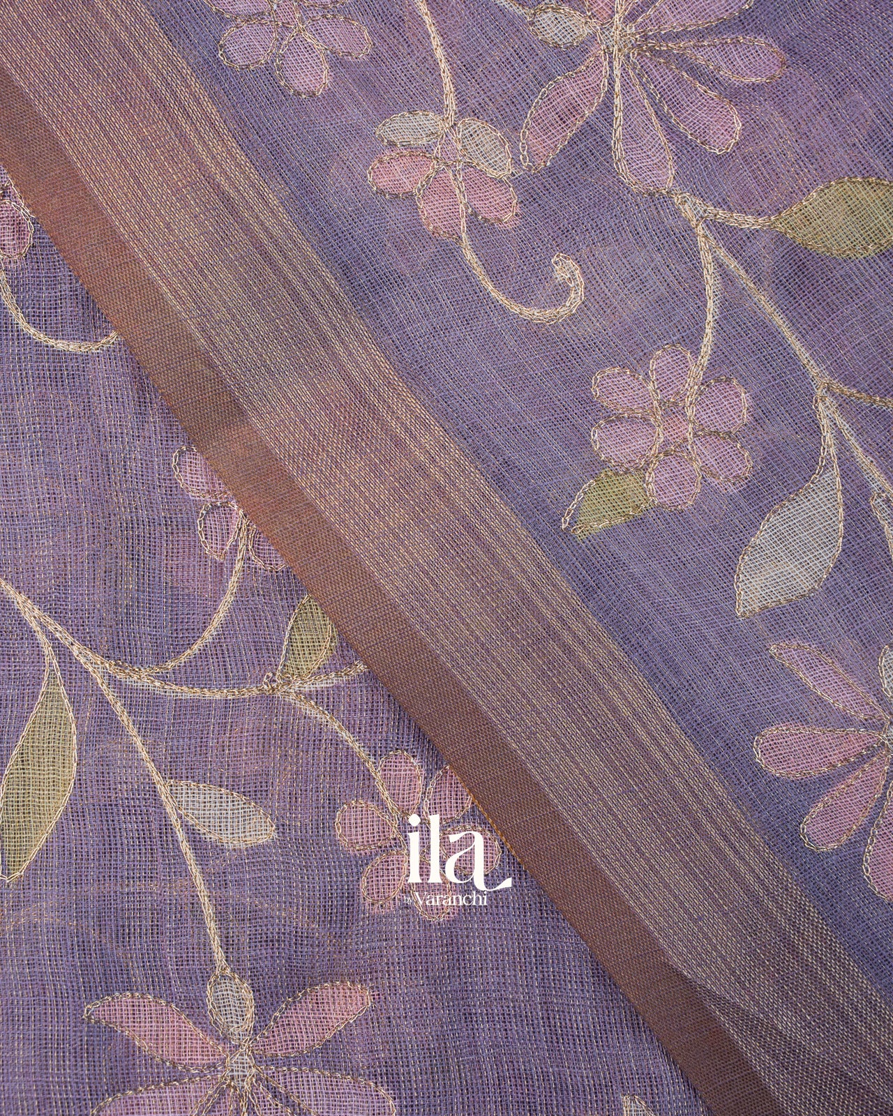 Lavender Floral Jaal Aari Work Semi Linen Tissue Saree