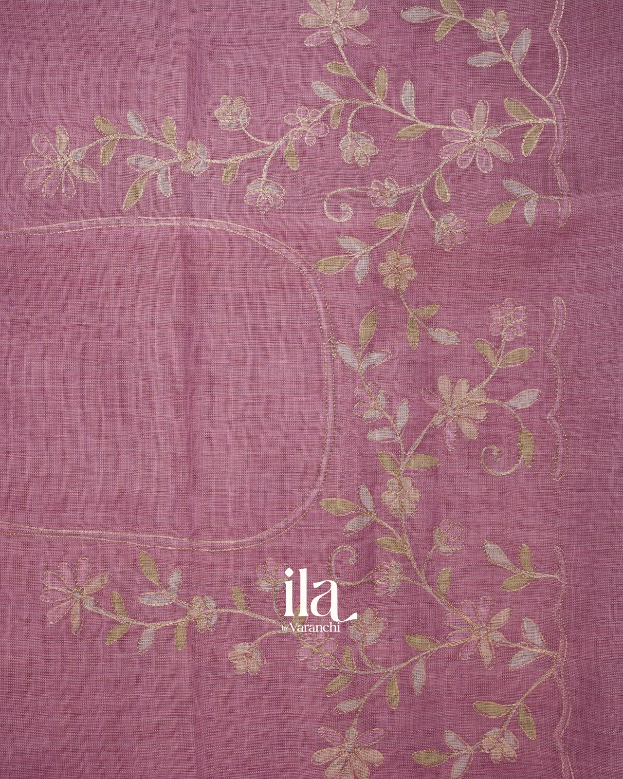 Muted Rose Floral Jaal Aari Work Semi Linen Tissue Saree