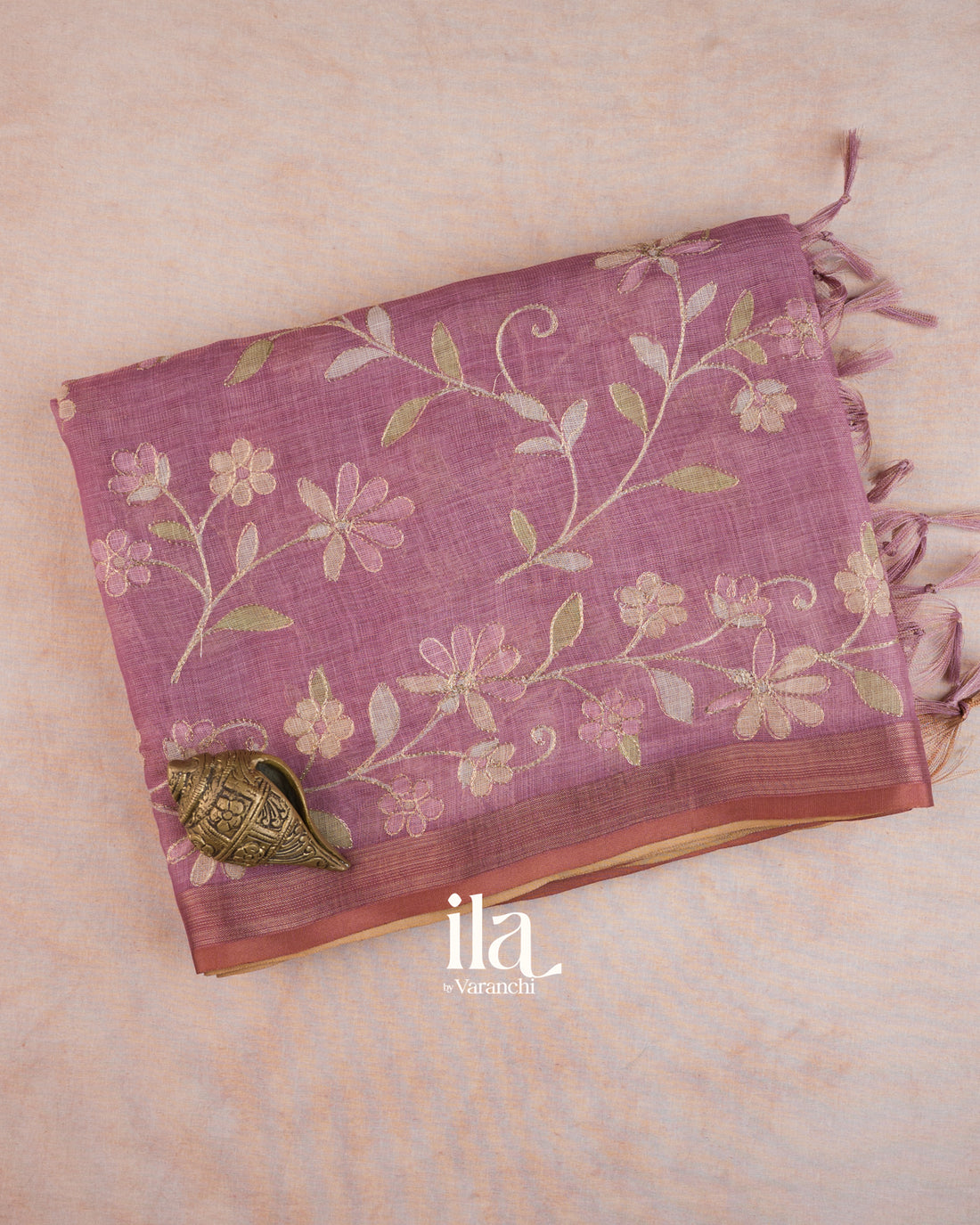 Muted Rose Floral Jaal Aari Work Semi Linen Tissue Saree