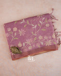 Muted Rose Floral Jaal Aari Work Semi Linen Tissue Saree