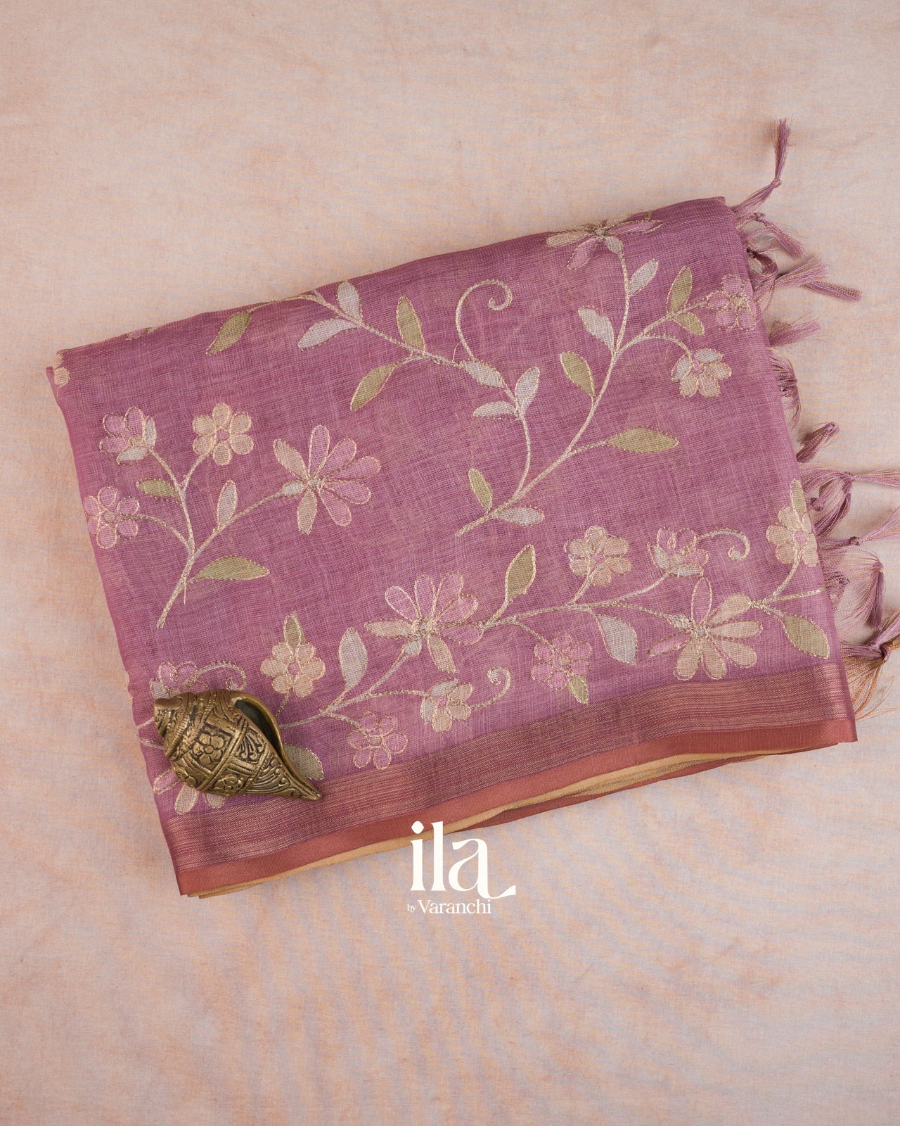Muted Rose Floral Jaal Aari Work Semi Linen Tissue Saree