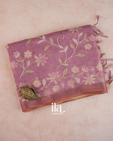 Muted Rose Floral Jaal Aari Work Semi Linen Tissue Saree