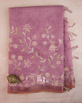 Muted Rose Floral Jaal Aari Work Semi Linen Tissue Saree