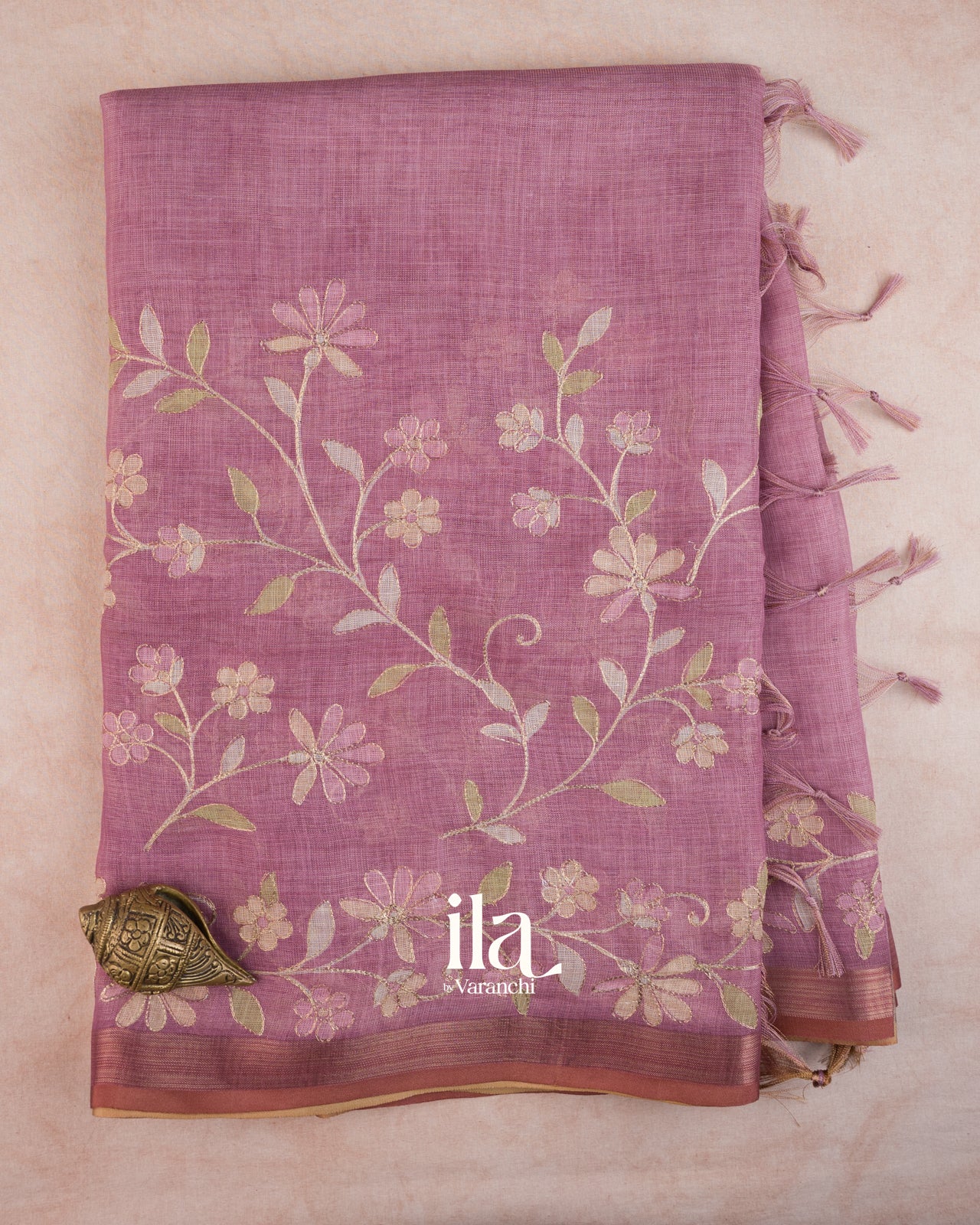 Muted Rose Floral Jaal Aari Work Semi Linen Tissue Saree
