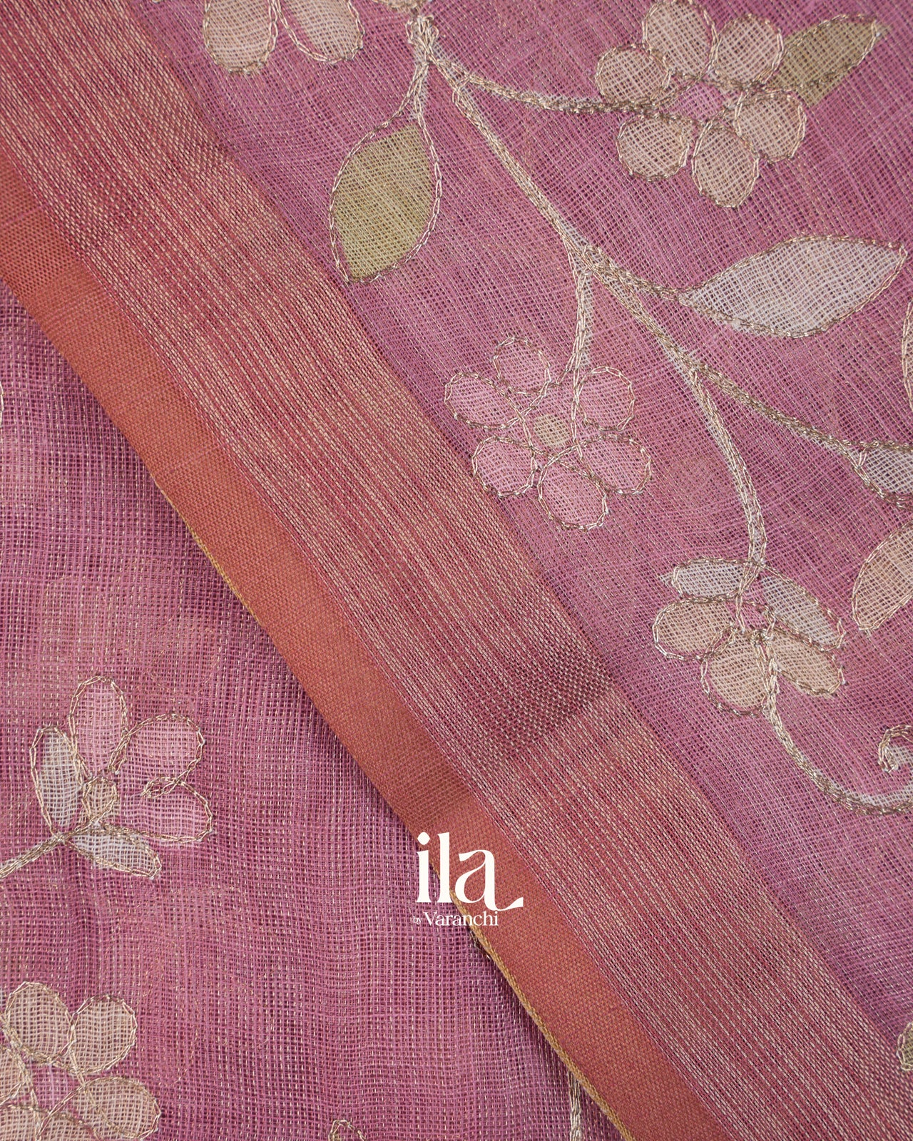 Muted Rose Floral Jaal Aari Work Semi Linen Tissue Saree