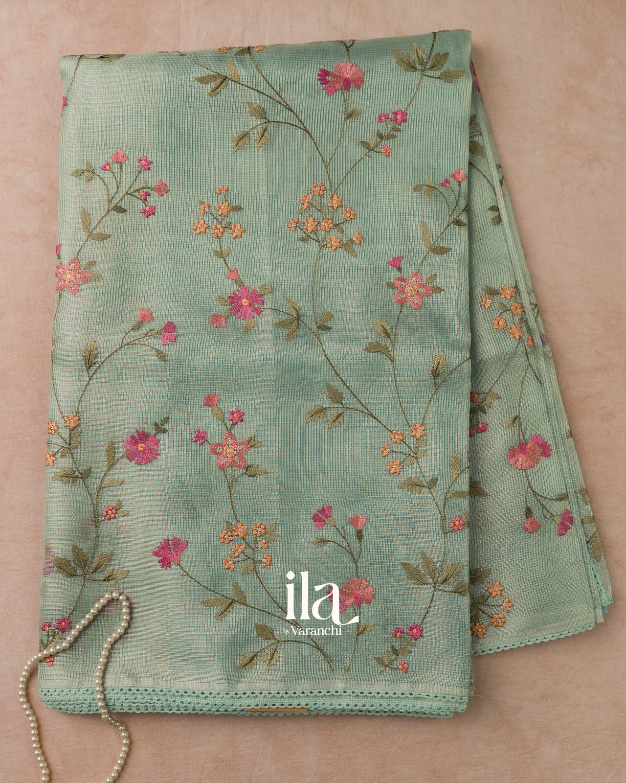 Sage Green Floral Embroidered Semi Kota Saree
