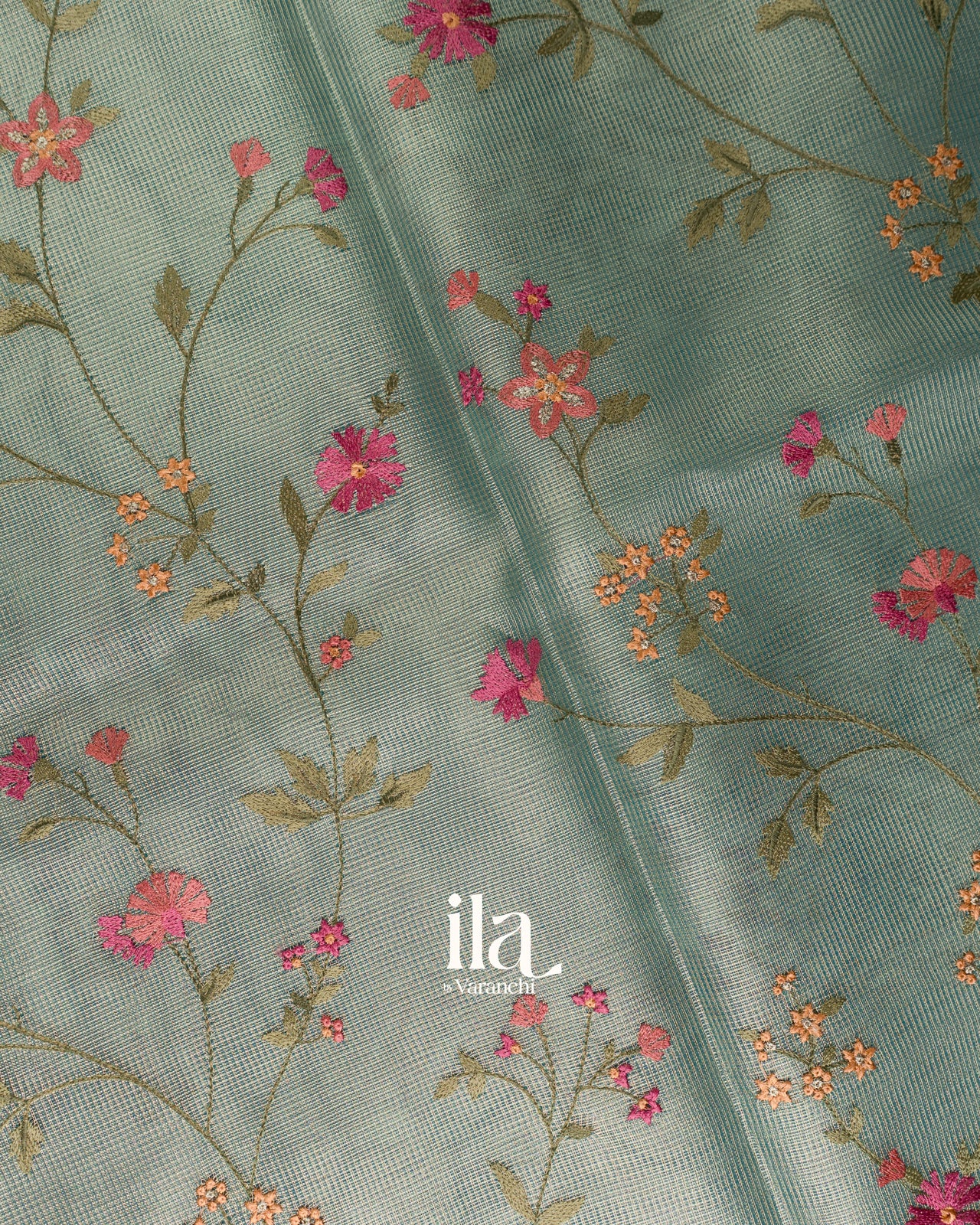 Sage Green Floral Embroidered Semi Kota Saree