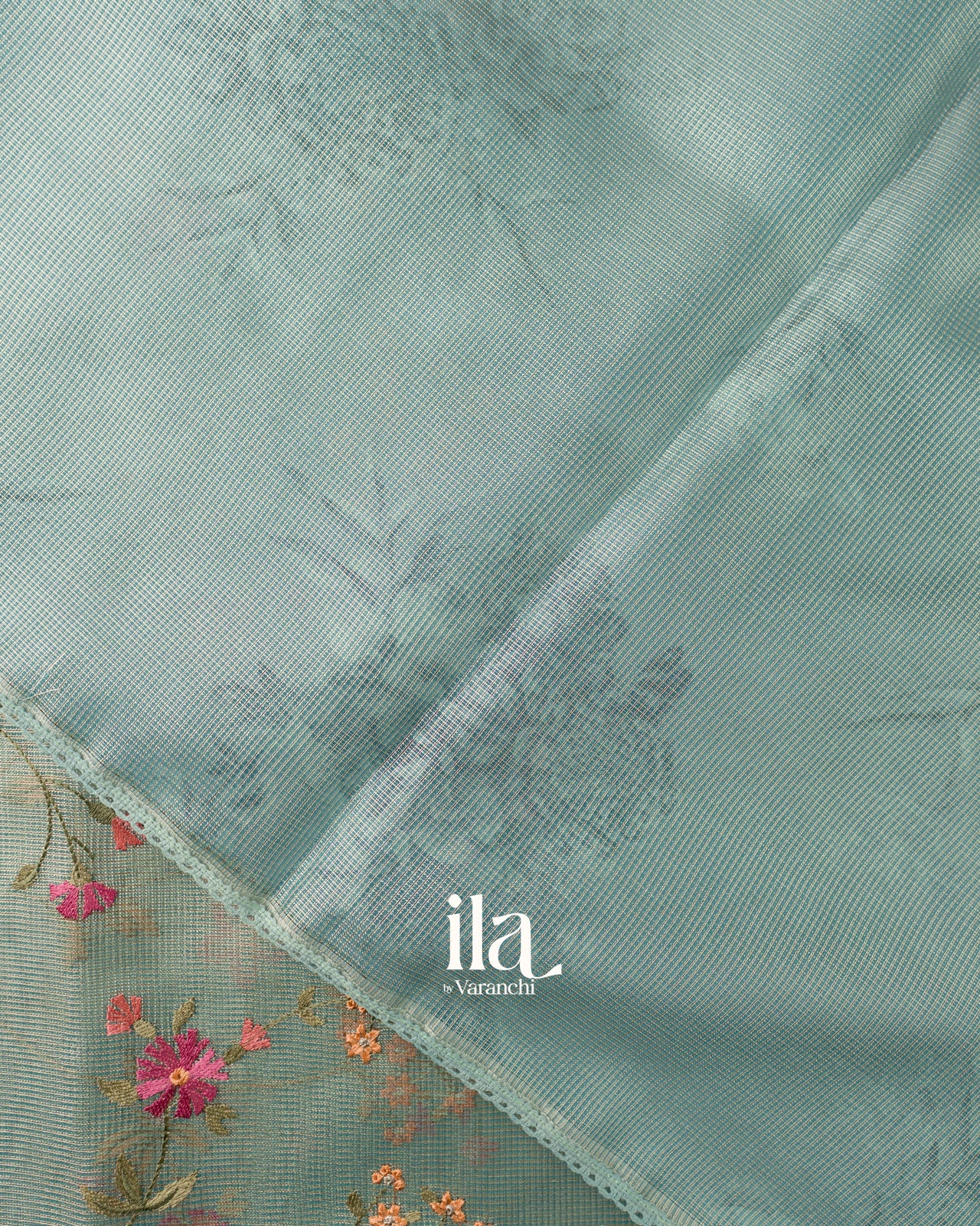 Sage Green Floral Embroidered Semi Kota Saree