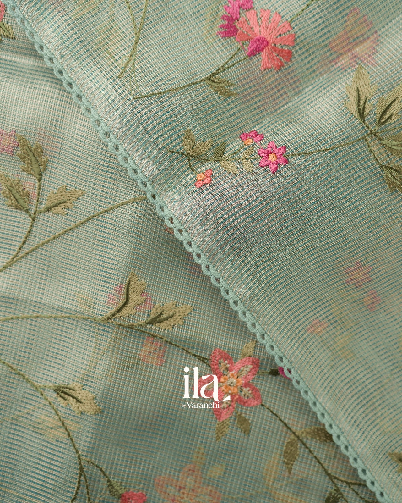 Sage Green Floral Embroidered Semi Kota Saree