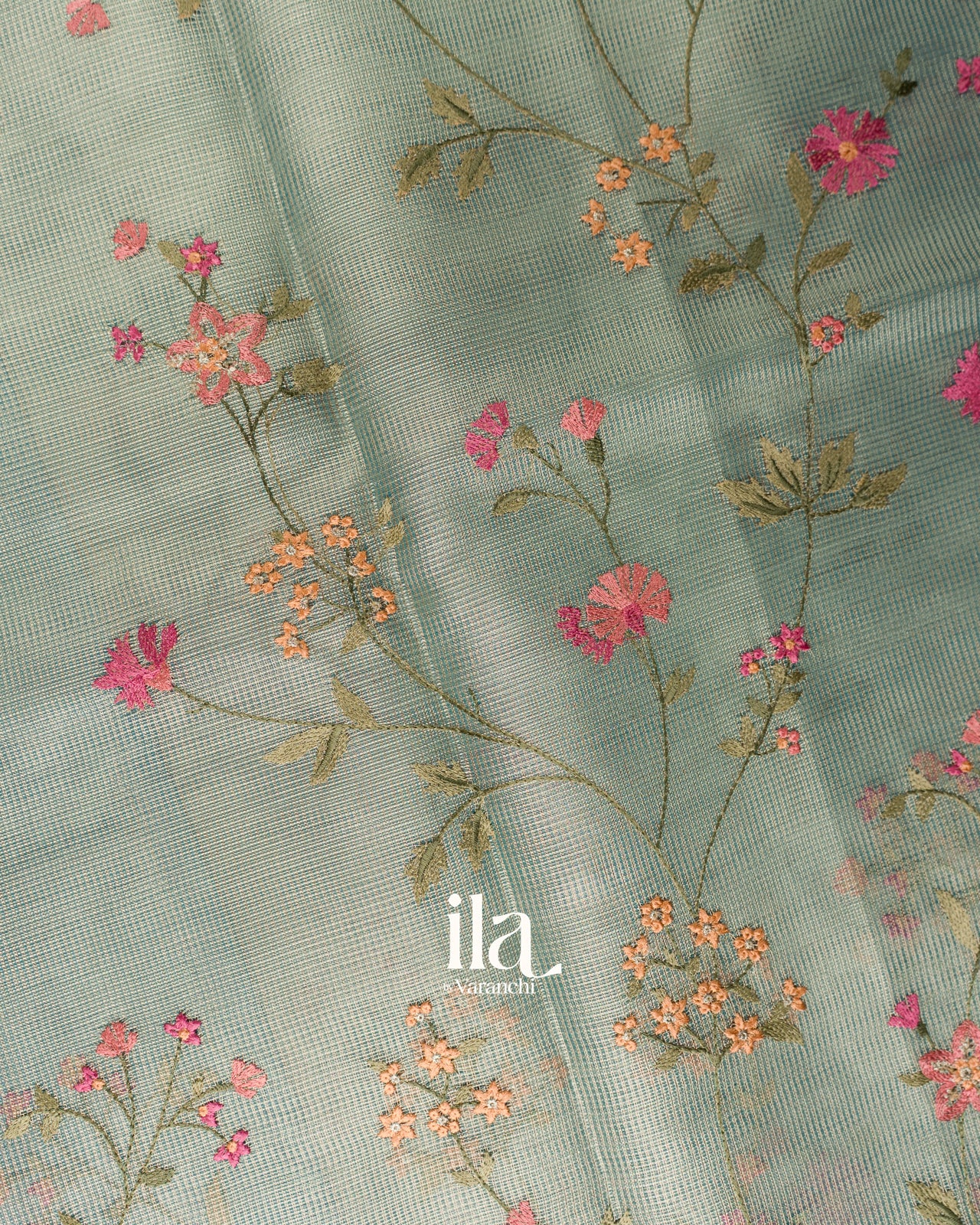 Sage Green Floral Embroidered Semi Kota Saree