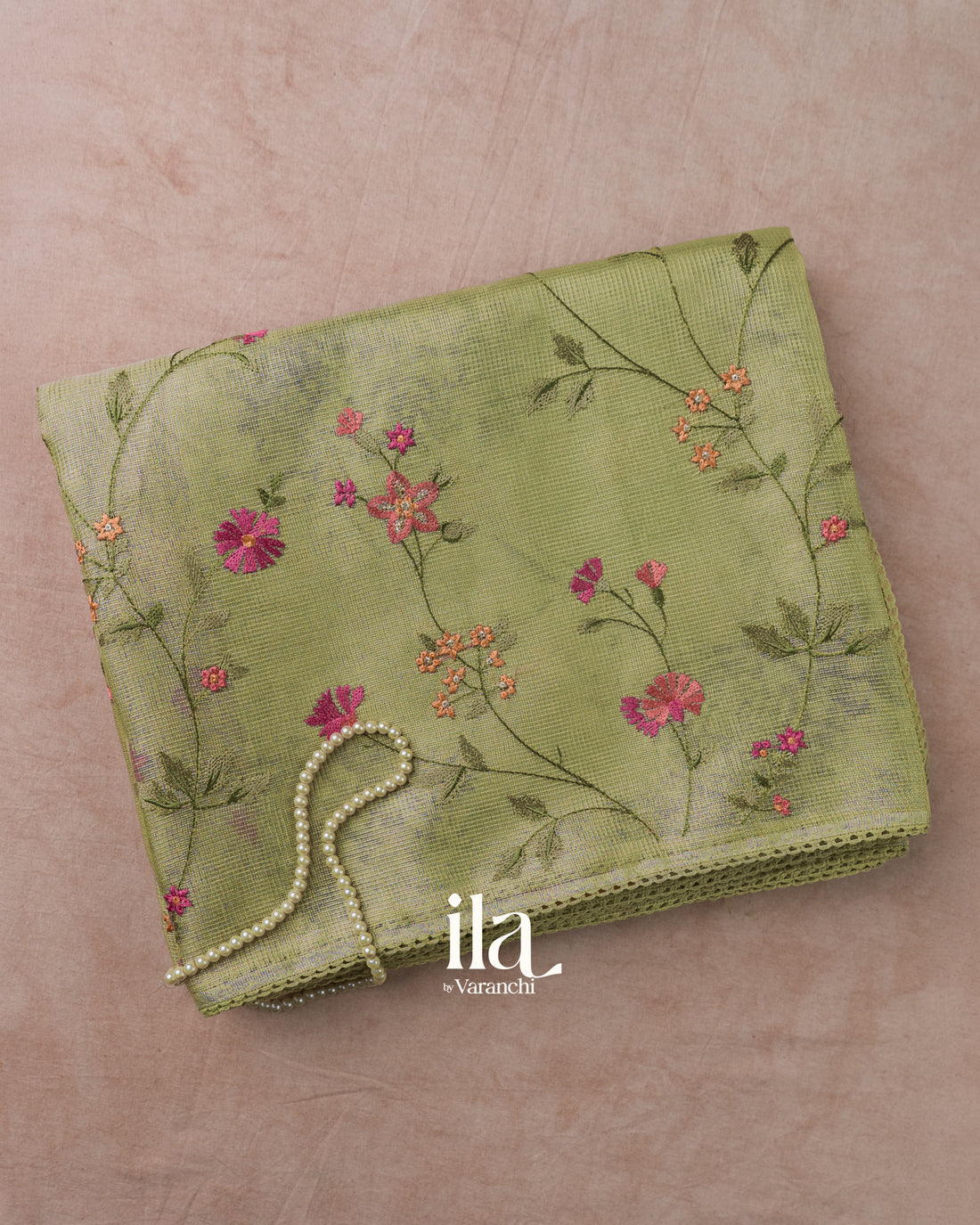 Olive Green Floral Embroidered Semi Kota Saree