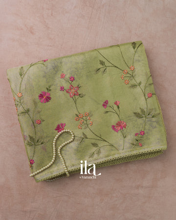 Olive Green Floral Embroidered Semi Kota Saree