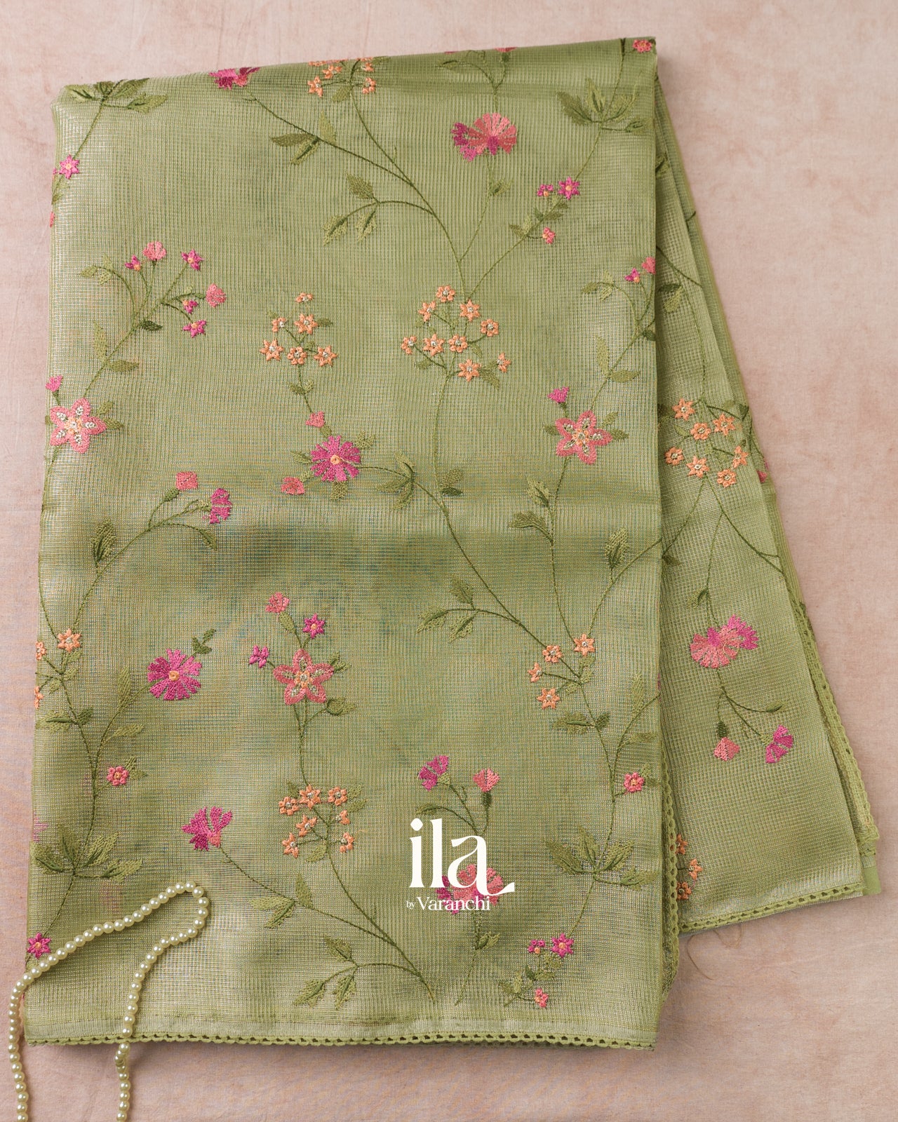 Olive Green Floral Embroidered Semi Kota Saree