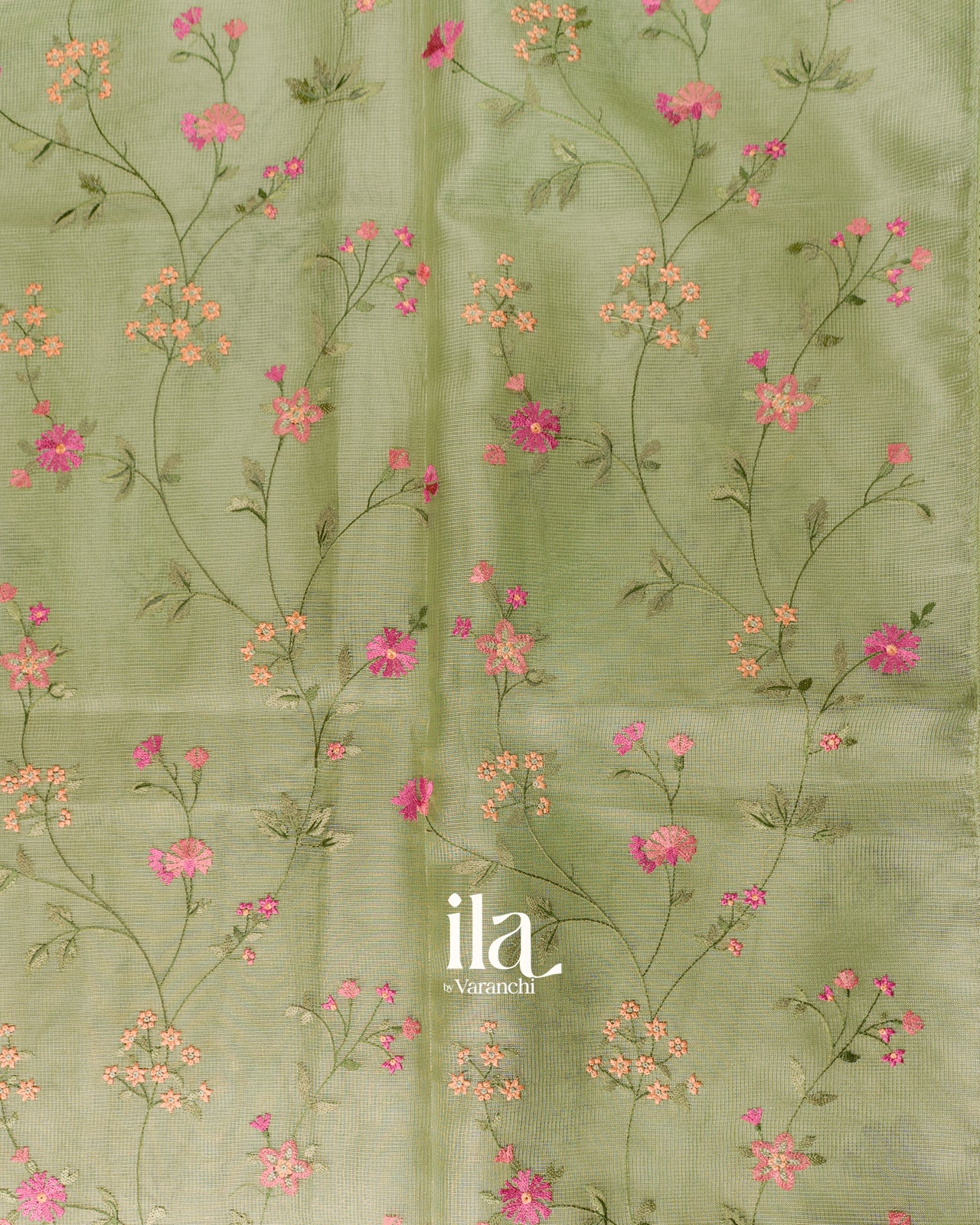 Olive Green Floral Embroidered Semi Kota Saree
