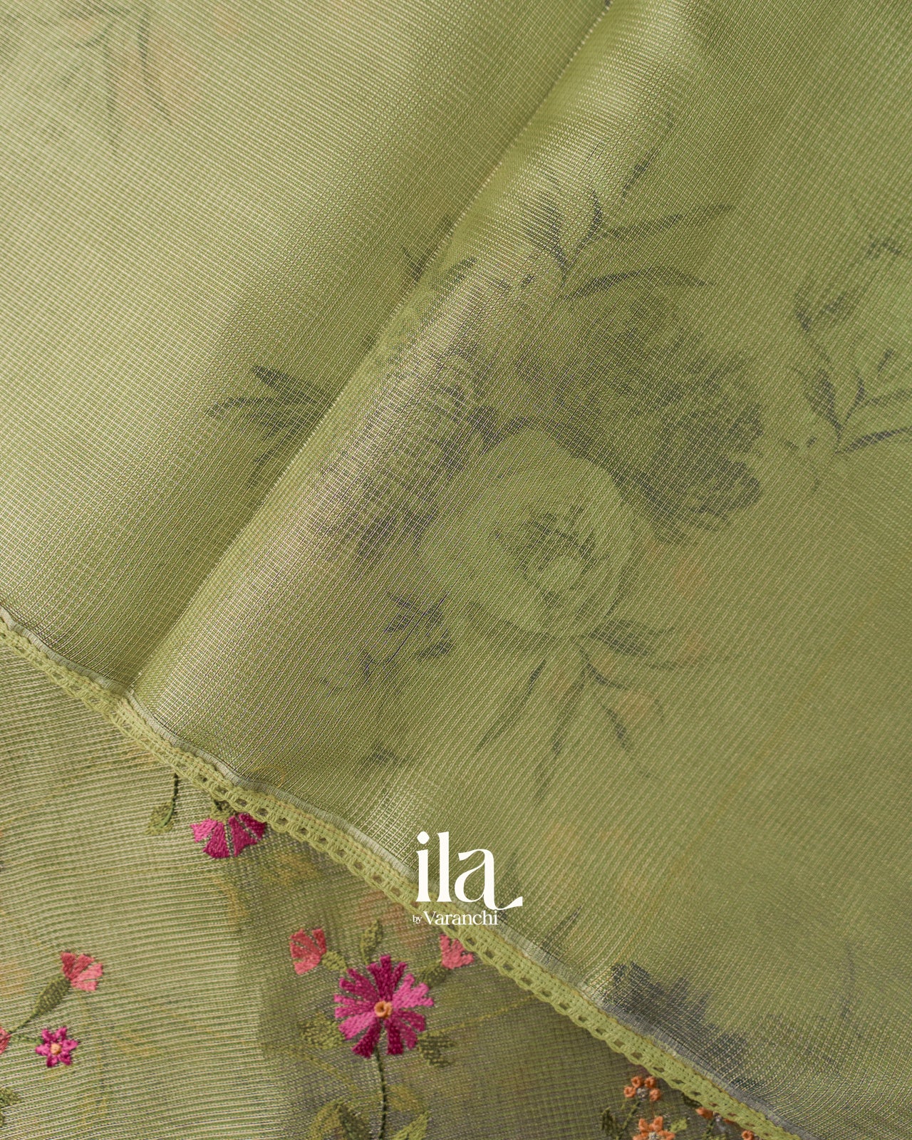 Olive Green Floral Embroidered Semi Kota Saree