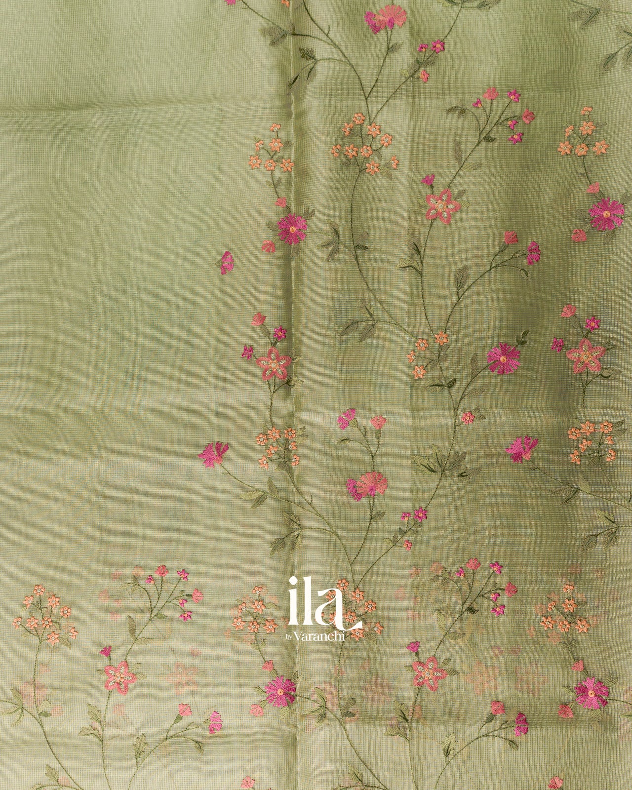 Olive Green Floral Embroidered Semi Kota Saree