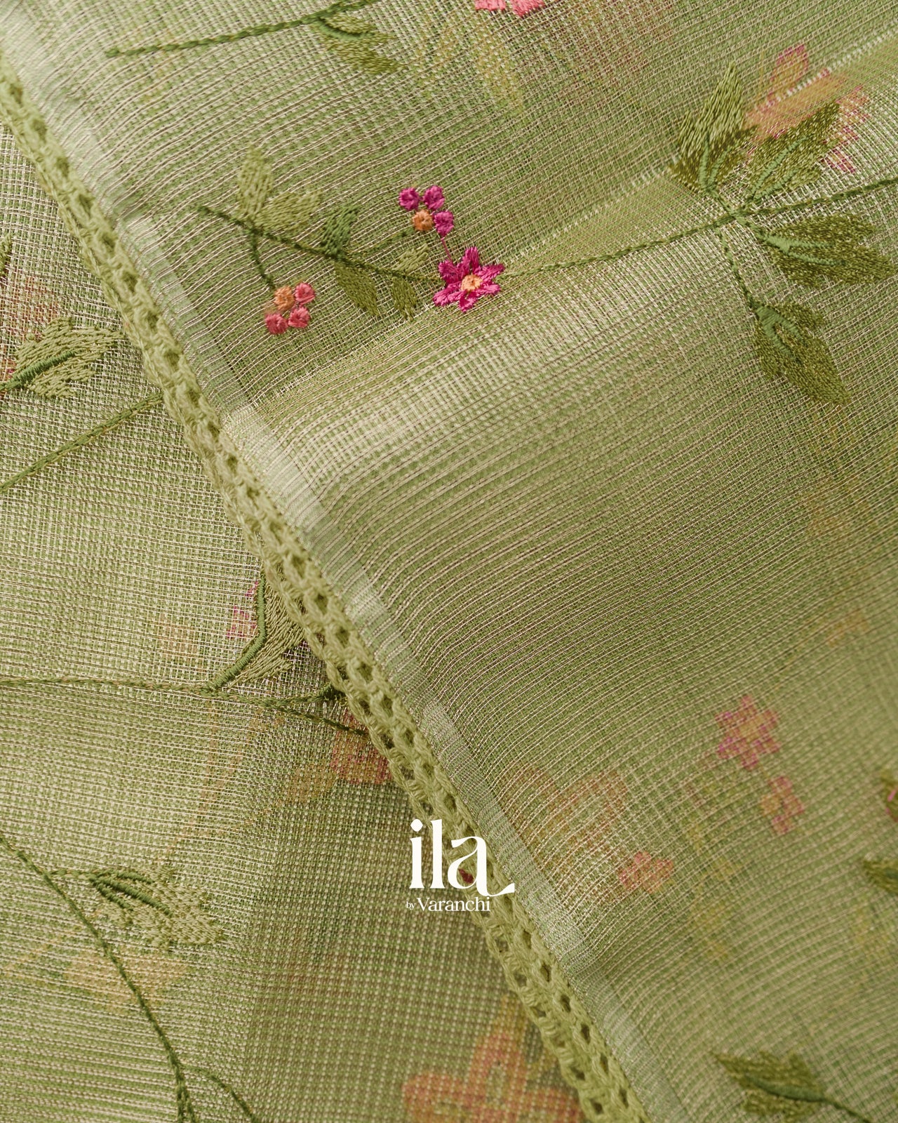 Olive Green Floral Embroidered Semi Kota Saree