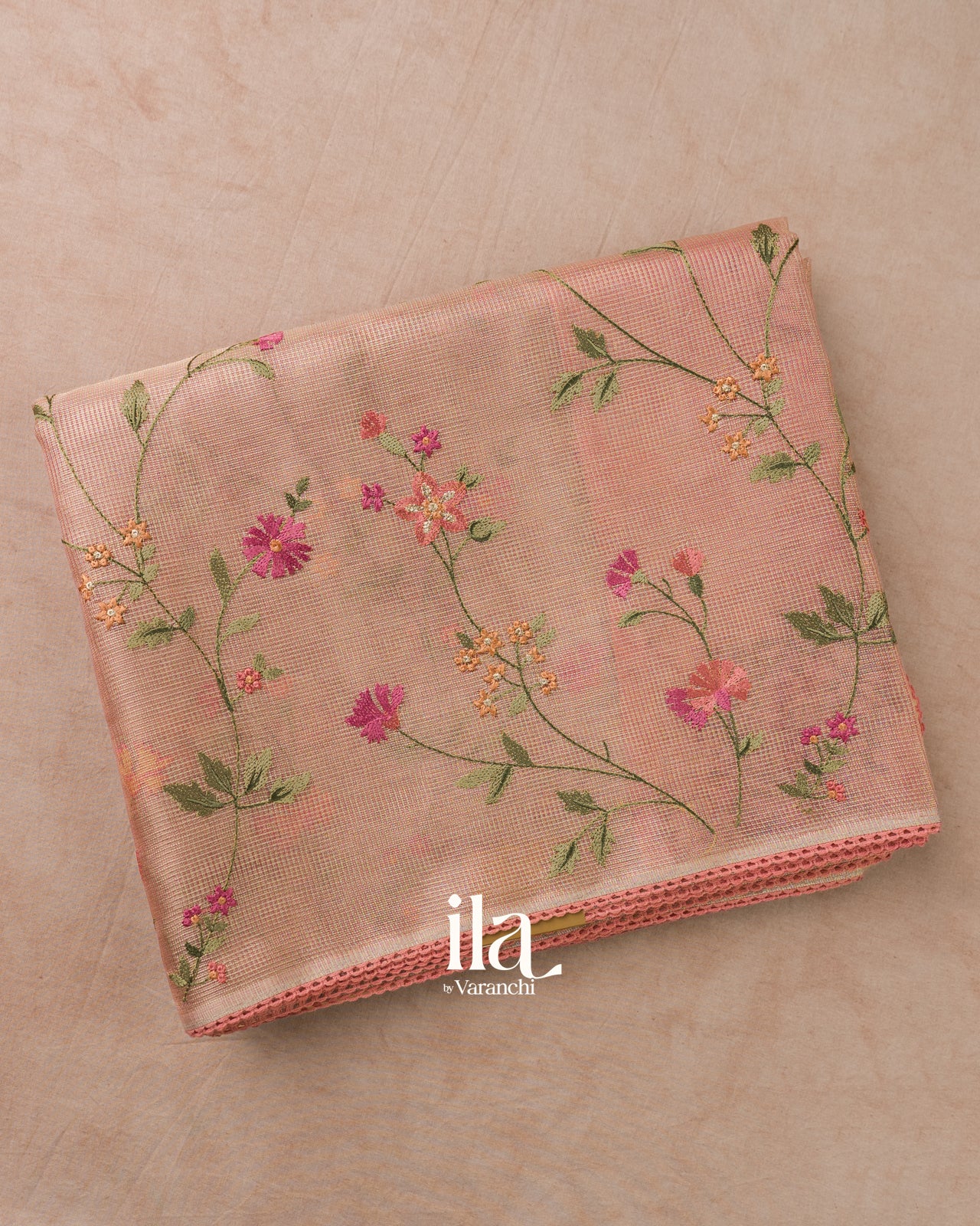Peach Floral Embroidered Semi Kota Saree