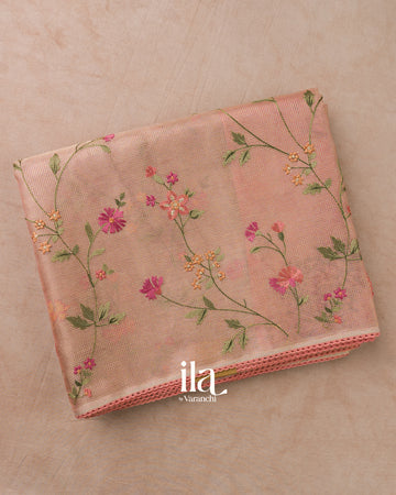 Peach Floral Embroidered Semi Kota Saree