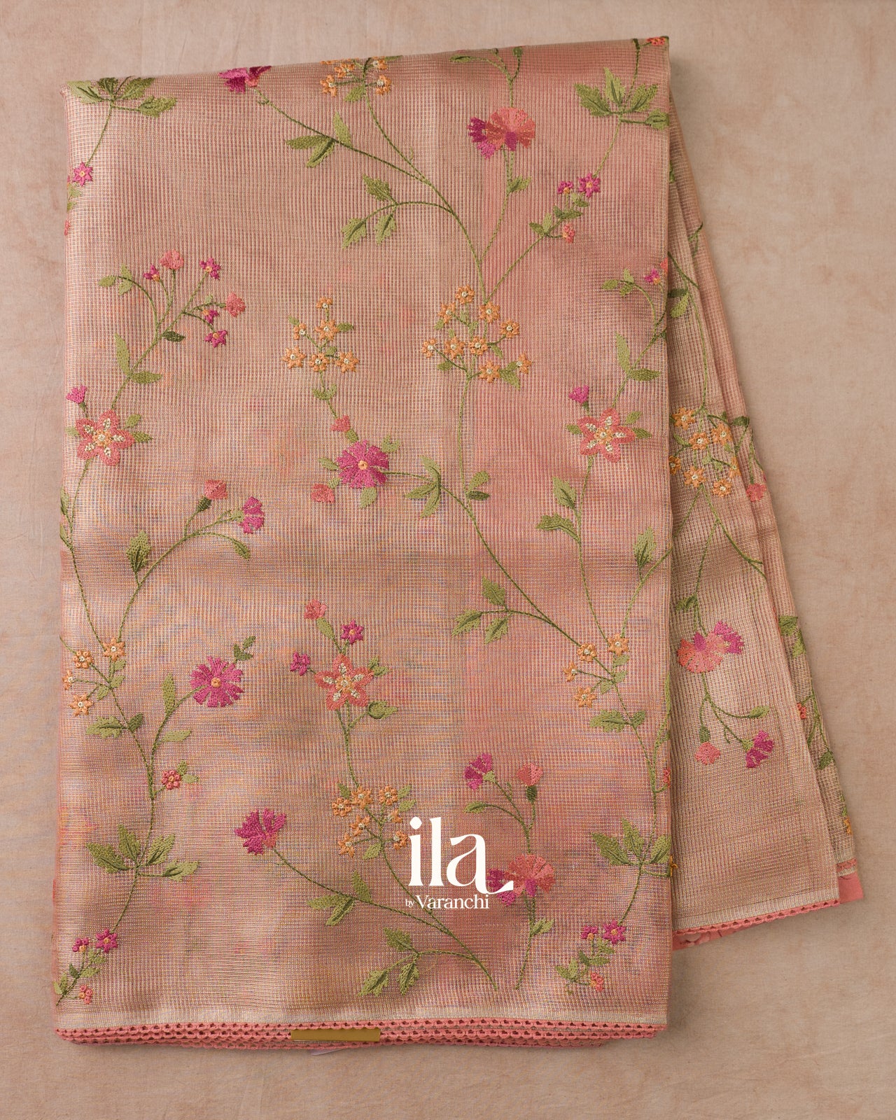 Peach Floral Embroidered Semi Kota Saree