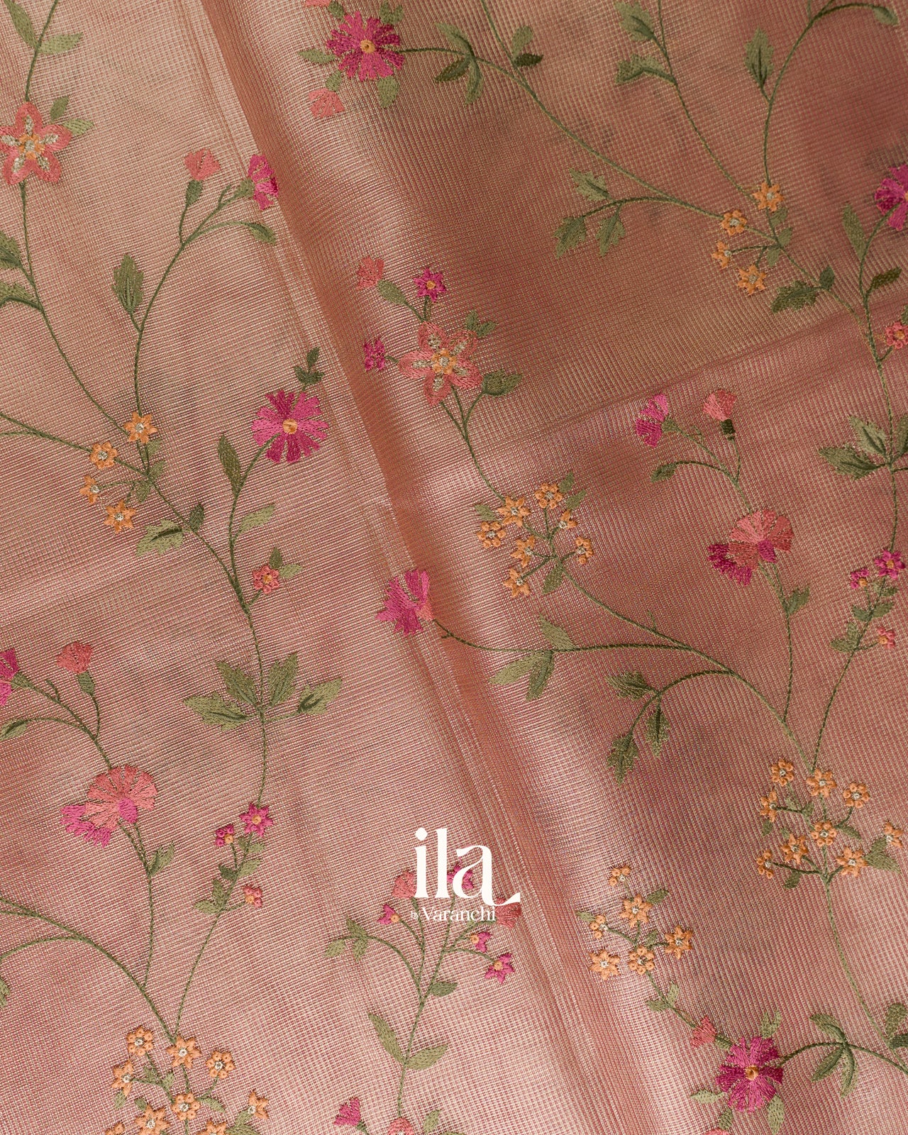 Peach Floral Embroidered Semi Kota Saree