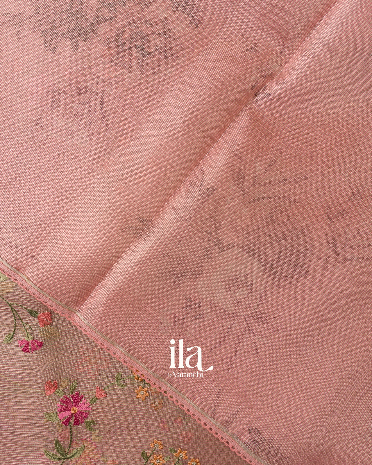Peach Floral Embroidered Semi Kota Saree