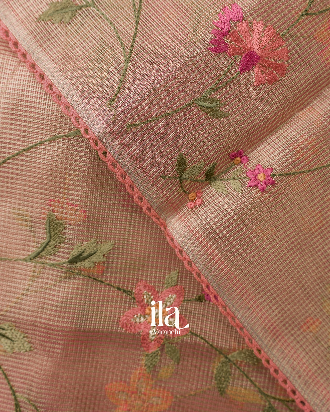 Peach Floral Embroidered Semi Kota Saree