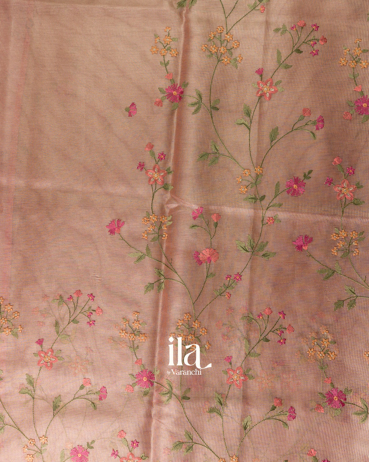 Peach Floral Embroidered Semi Kota Saree