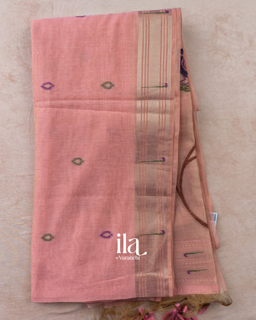 Baby Pink Peacock Paithani Semi Cotton Saree