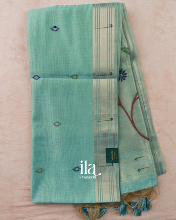 Powder Blue Peacock Paithani Semi Cotton Saree