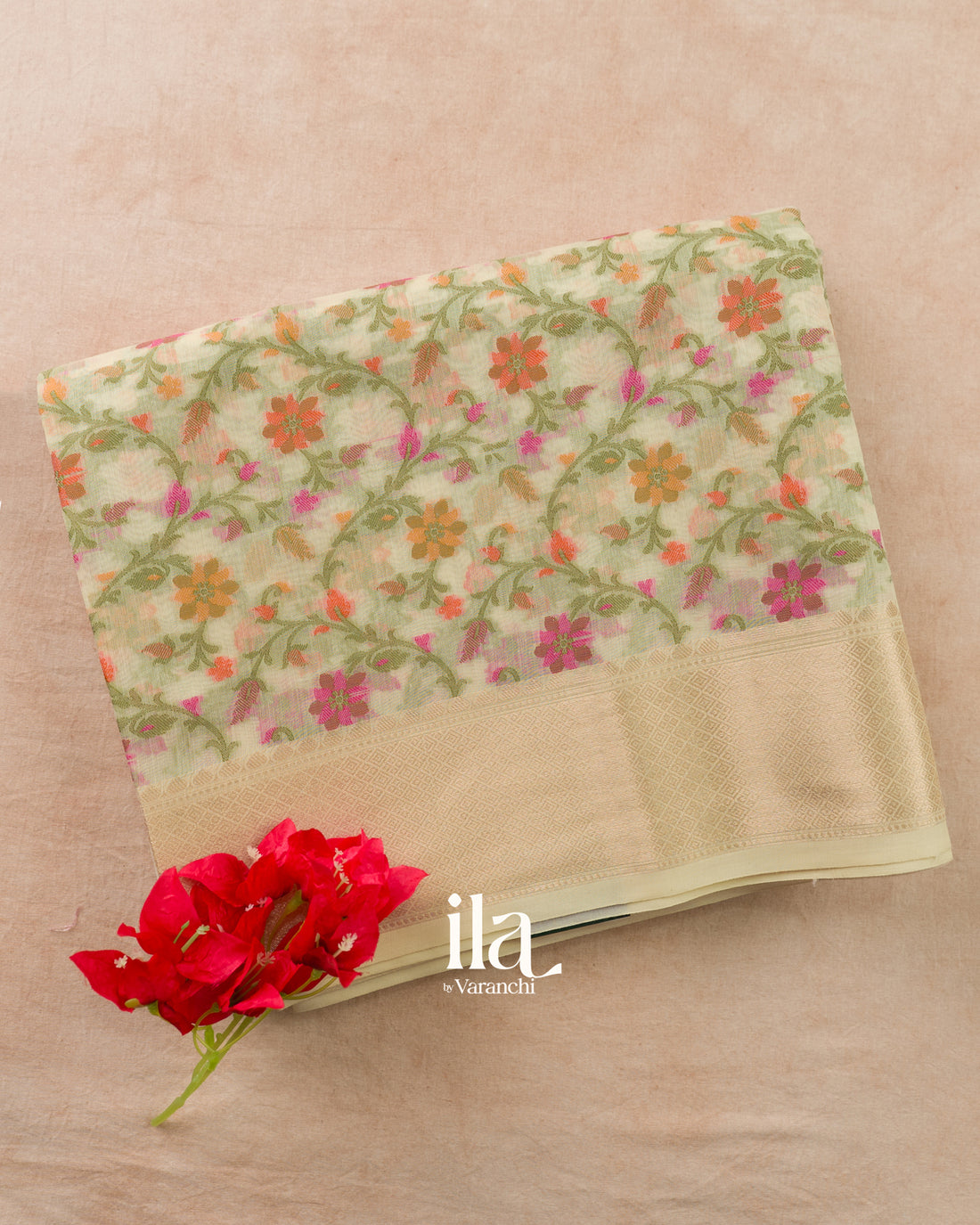Ivory Floral Jaal Semi Linen Saree