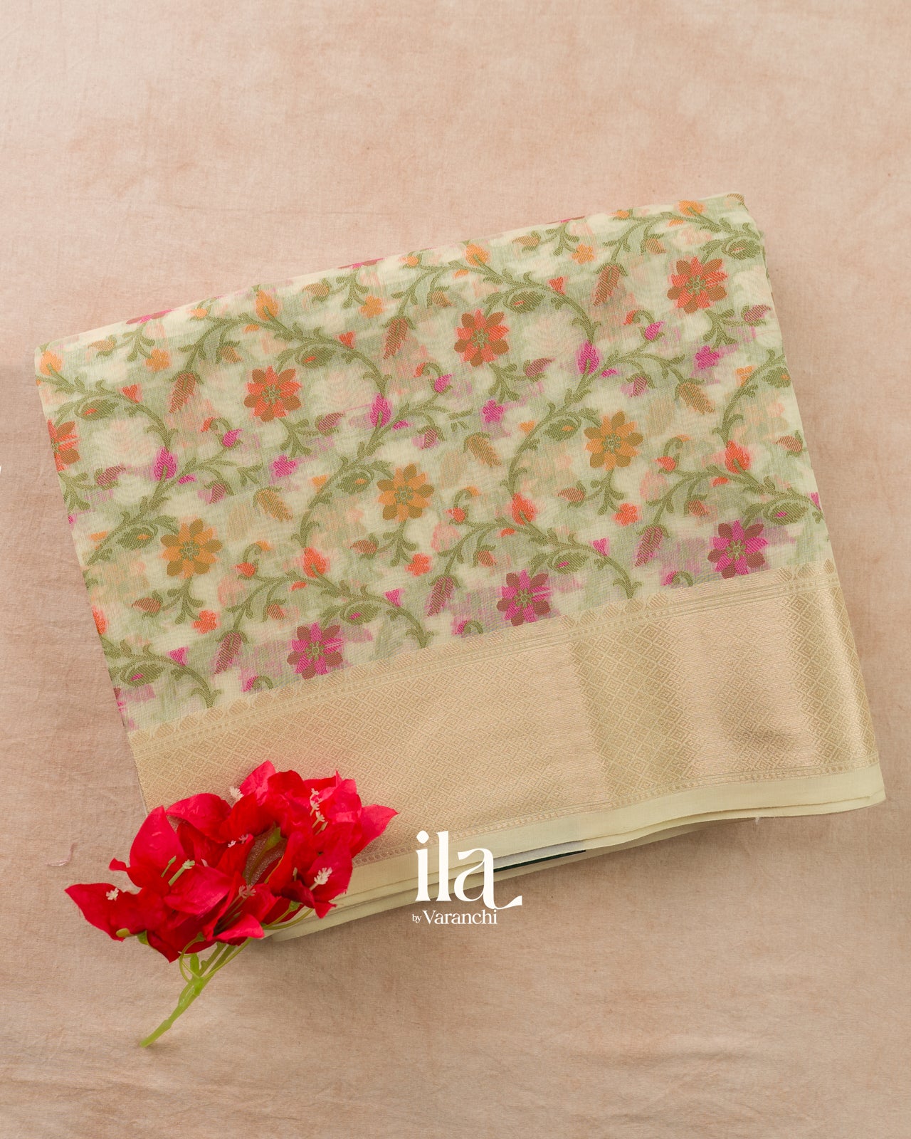 Ivory Floral Jaal Semi Linen Saree