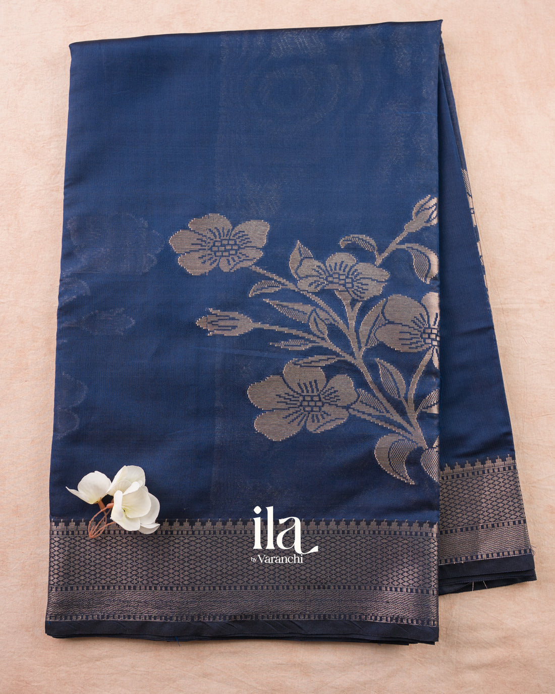 Navy Blue Floral Printed Semi Silk Saree — Full Saree