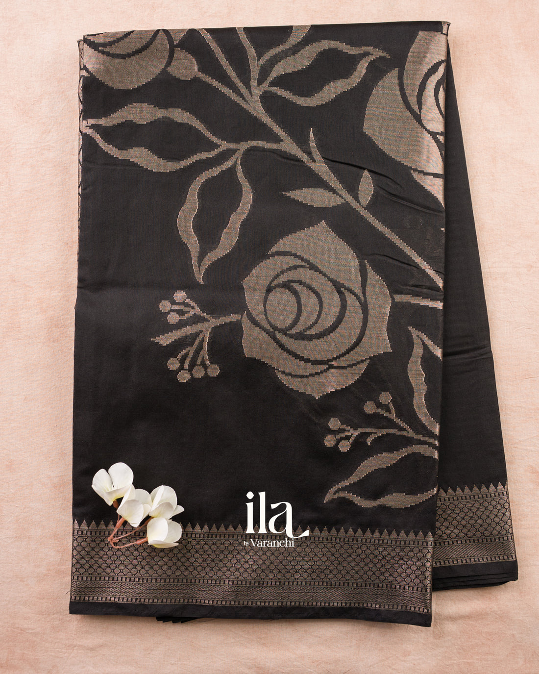 Black Floral Printed Semi Silk Saree — Full Saree