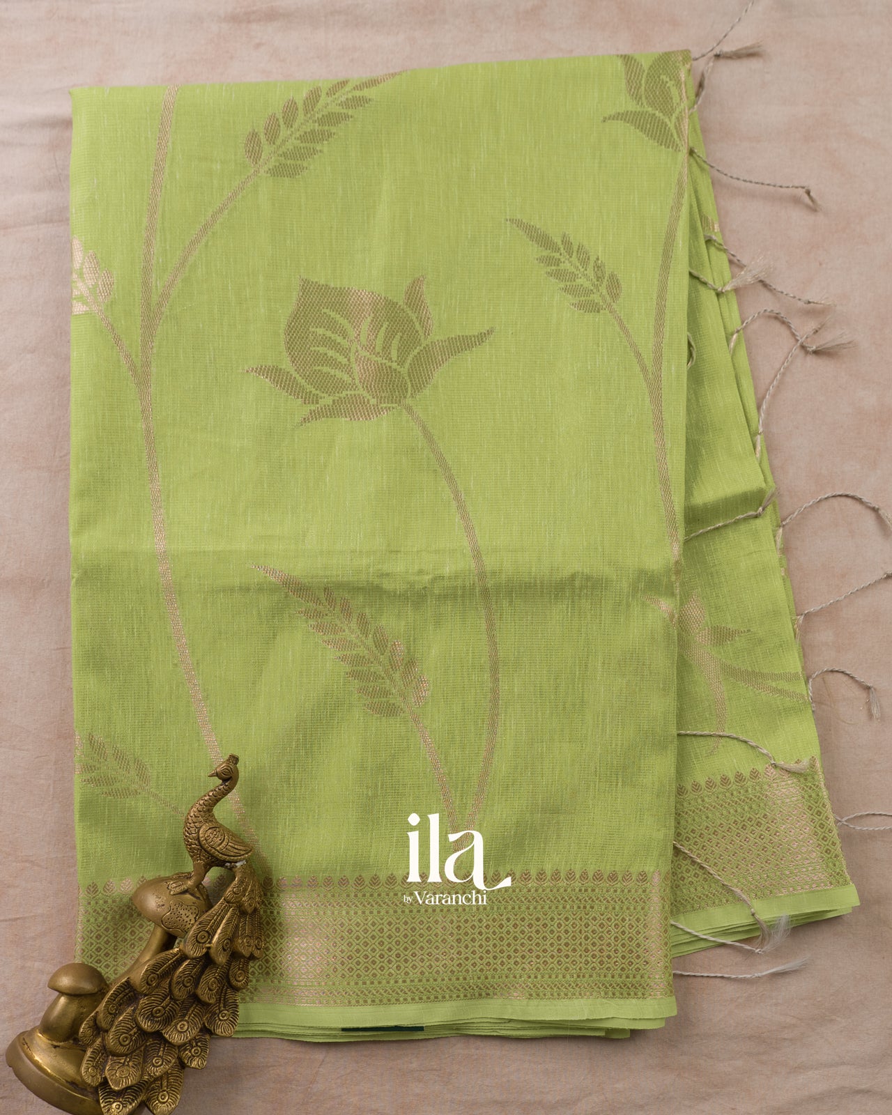 Pista Green Floral Butta Semi Linen Saree