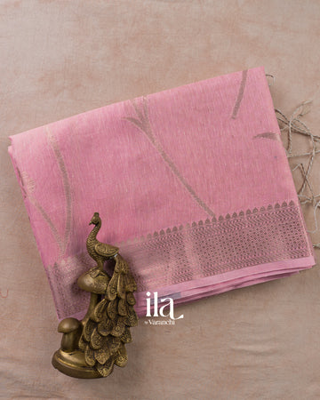 Rose Pink Floral Printed Semi Linen Saree