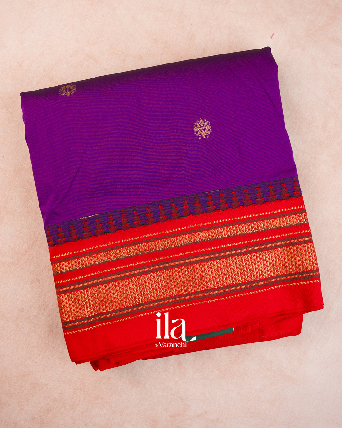 Royal Purple Temple Bordered Semi Silk Saree — Folded