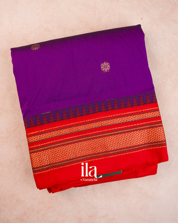 Royal Purple Temple Bordered Semi Silk Saree — Folded