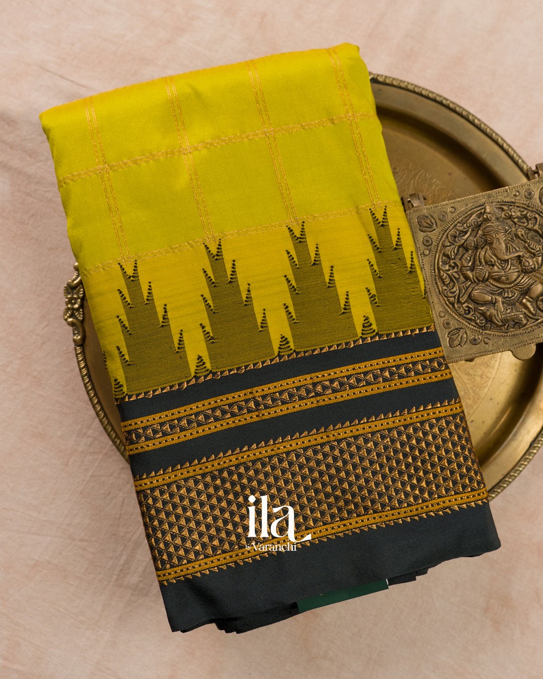 Lime Green Checkered Semi Silk Saree
