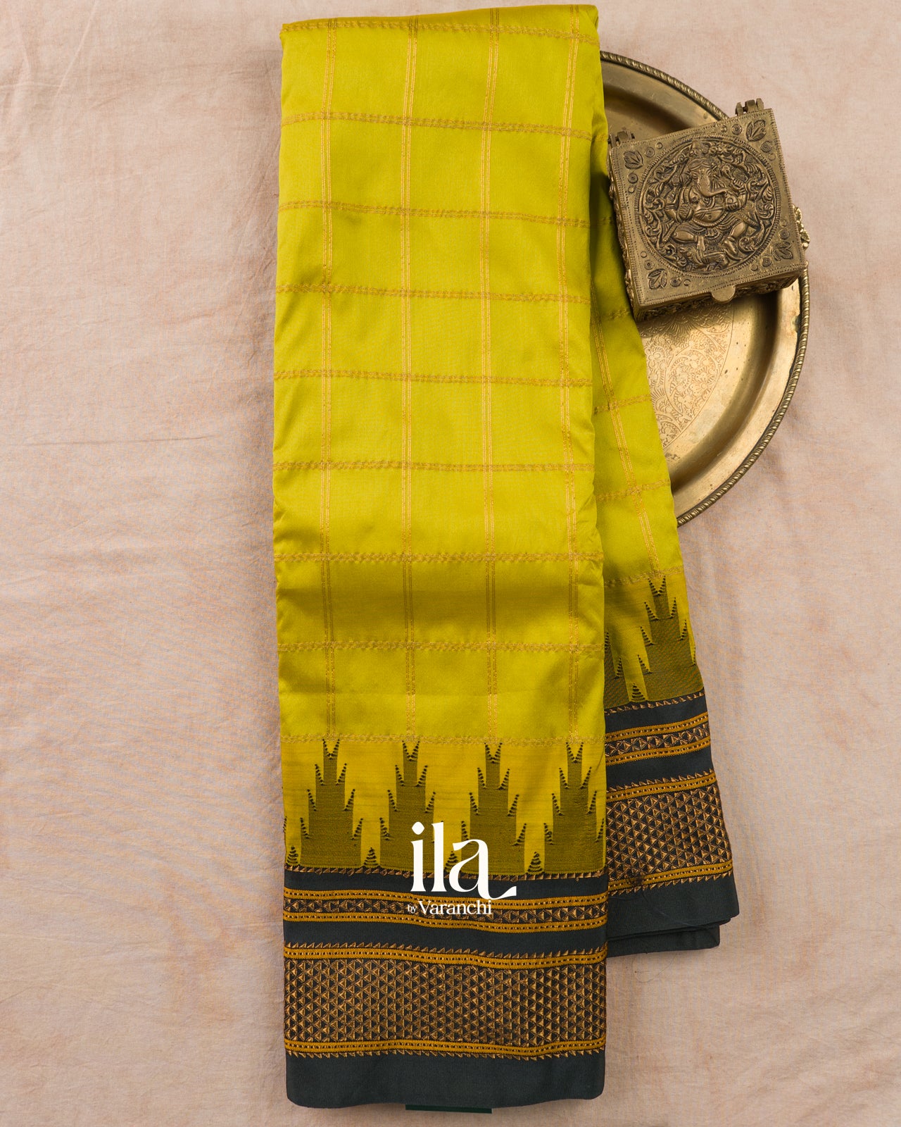 Lime Green Checkered Semi Silk Saree