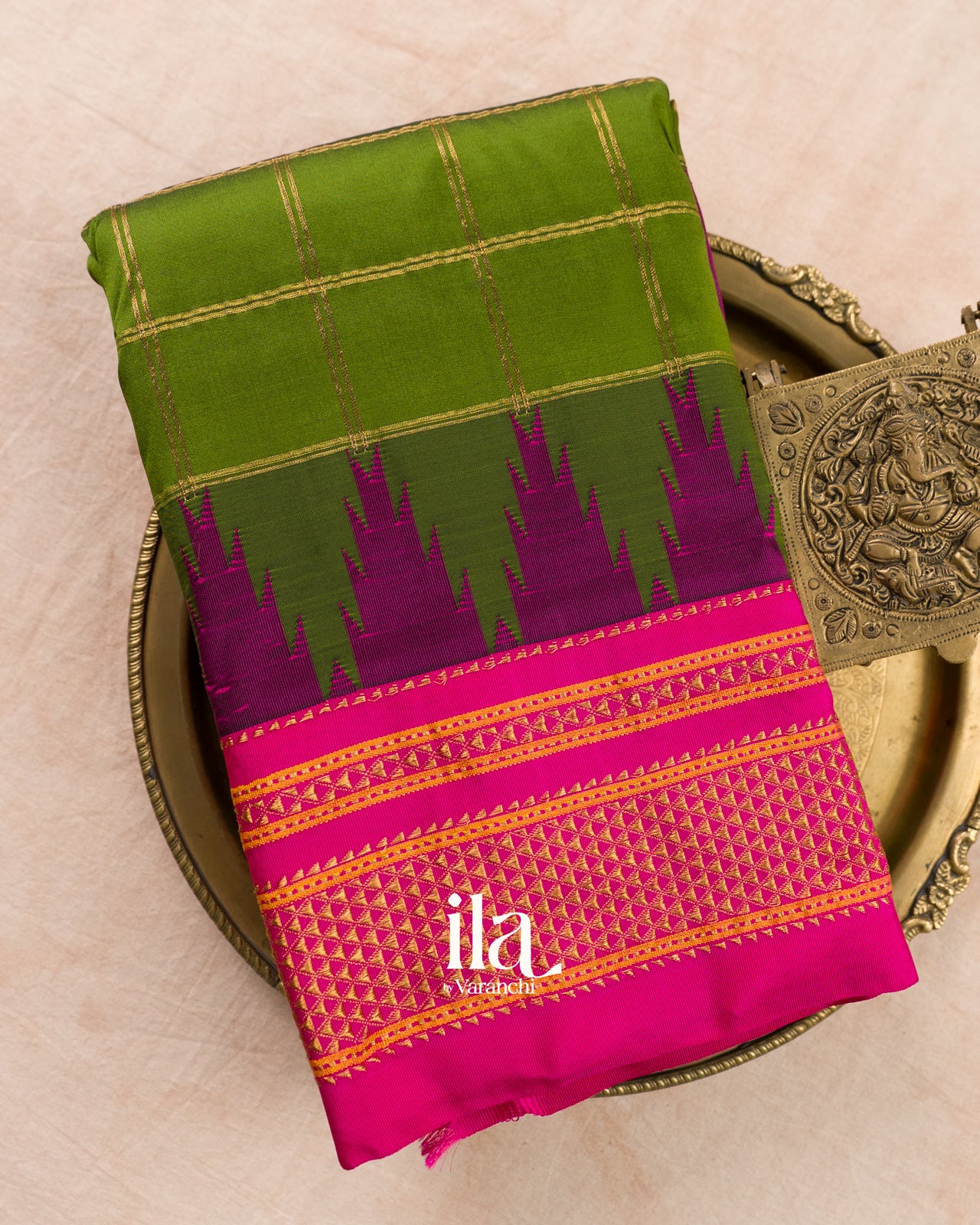 Parrot Green Checkered Semi Silk Saree