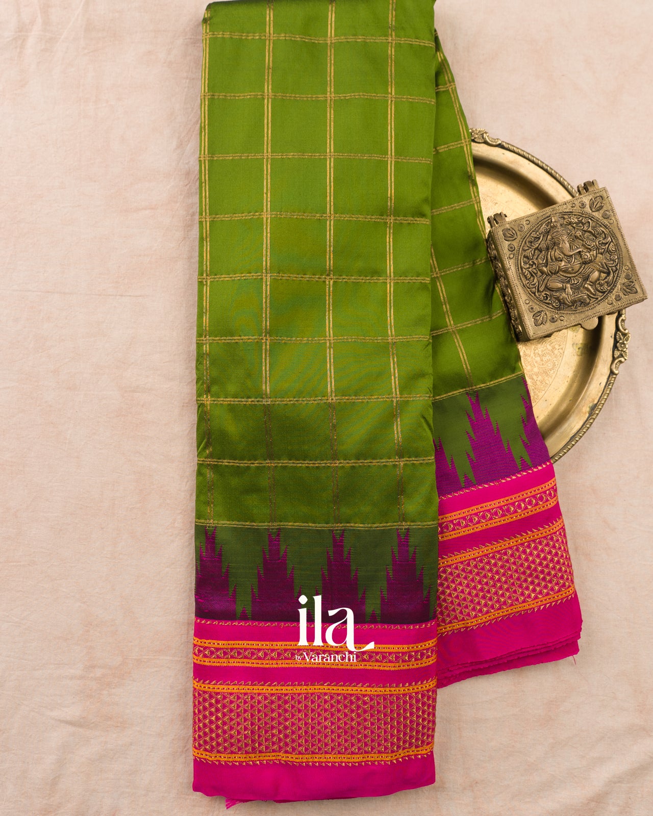 Parrot Green Checkered Semi Silk Saree