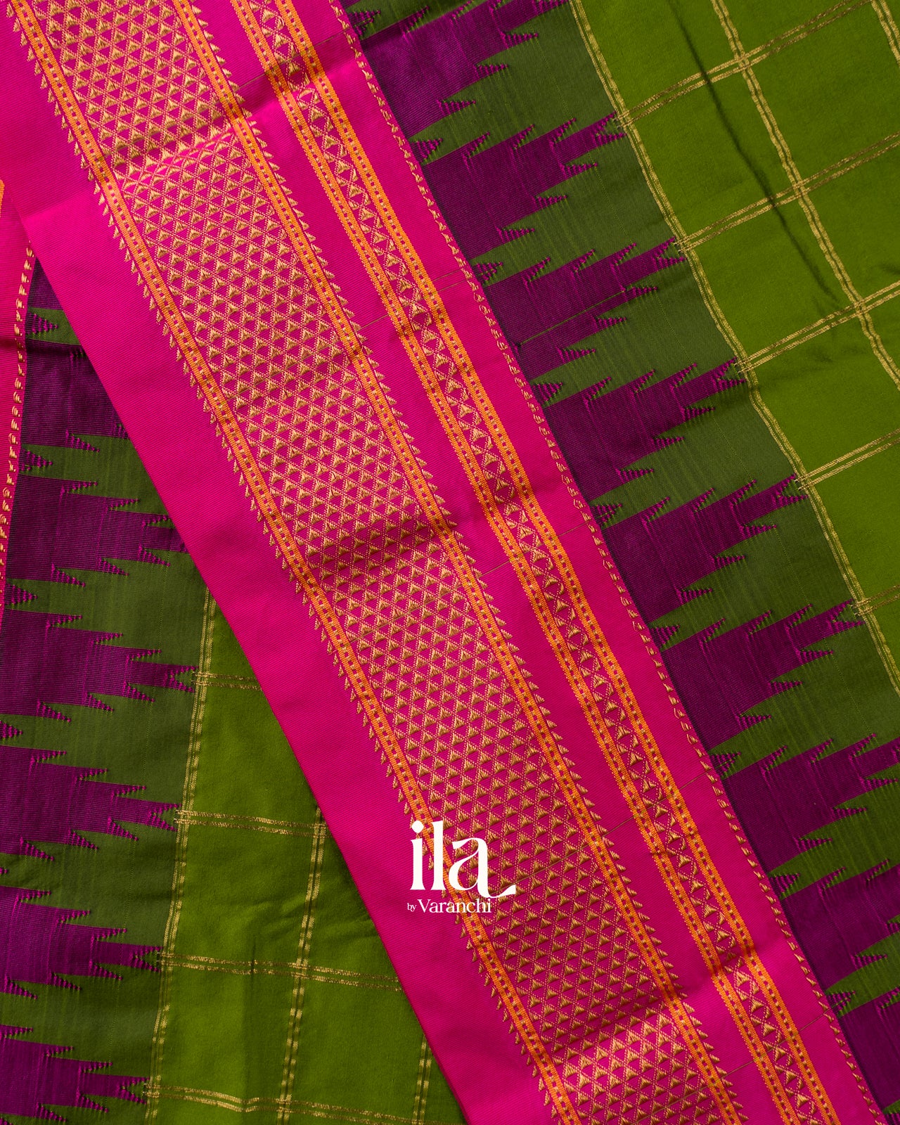 Parrot Green Checkered Semi Silk Saree