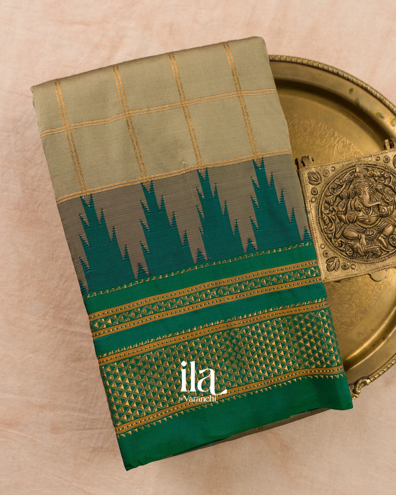 Muted Sage Checkered Semi Silk Saree