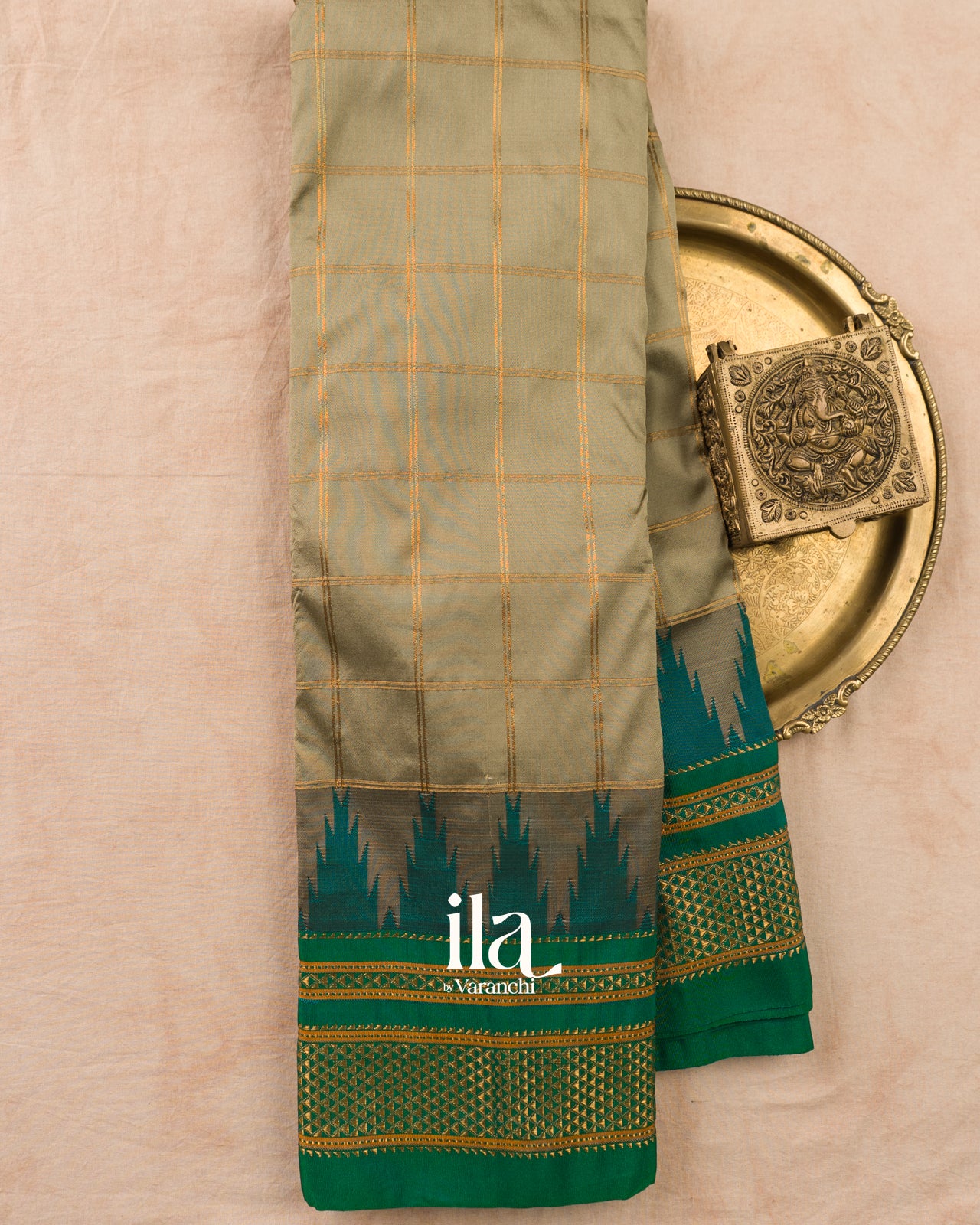Muted Sage Checkered Semi Silk Saree