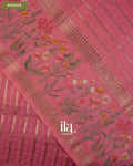 Rose Pink Striped Floral Embroidered Assam Silk Saree — Border